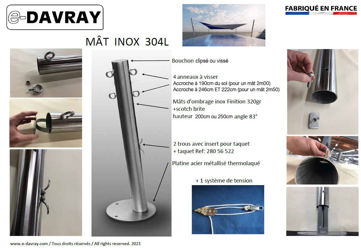 Mât inox 304L pour voile d'ombrage